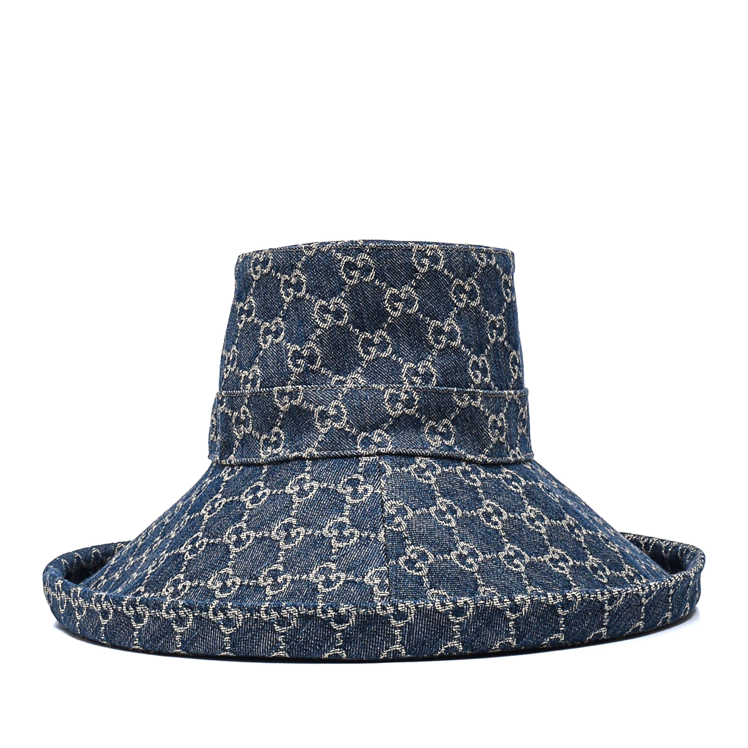 Gucci- Washed Denım Monogram Brim Hat S